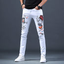 Men's Embroidered White Stretch Slim Jeans