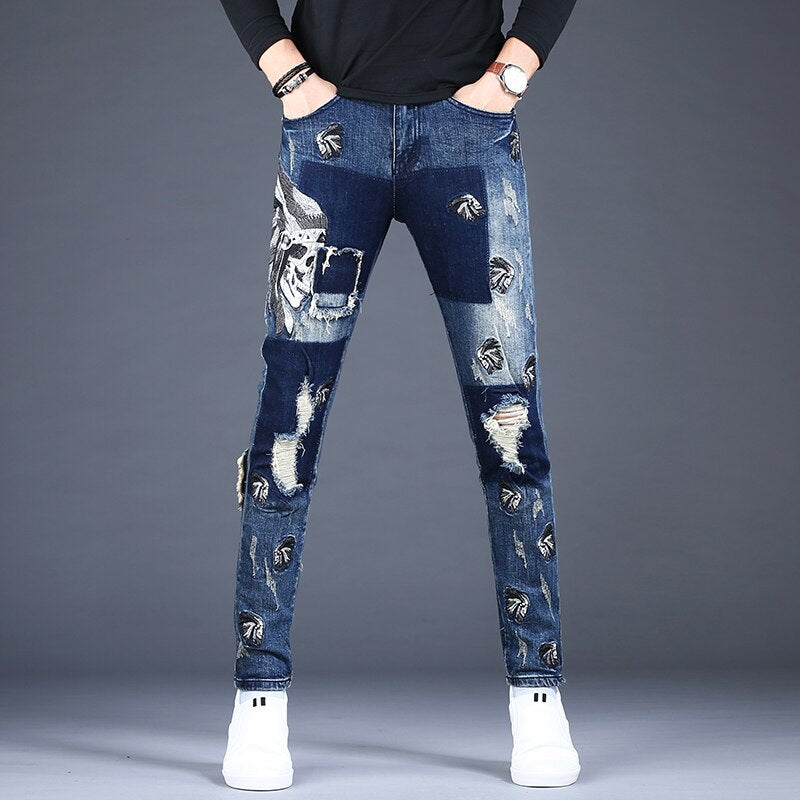 Men's Blue Patch Distressed Slim Fit Jeans