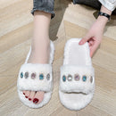 Women's Furry Slippers W/ Rhinestone Gemstone Details