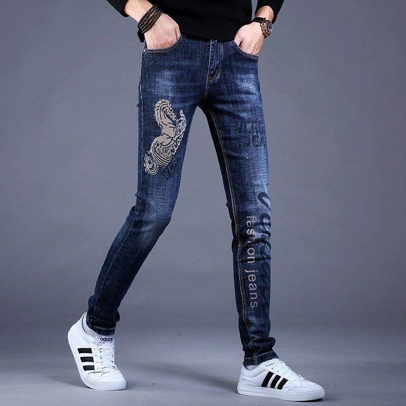 Men's Embroidery Trendy Straight Slim Fashion Jeans - AM APPAREL